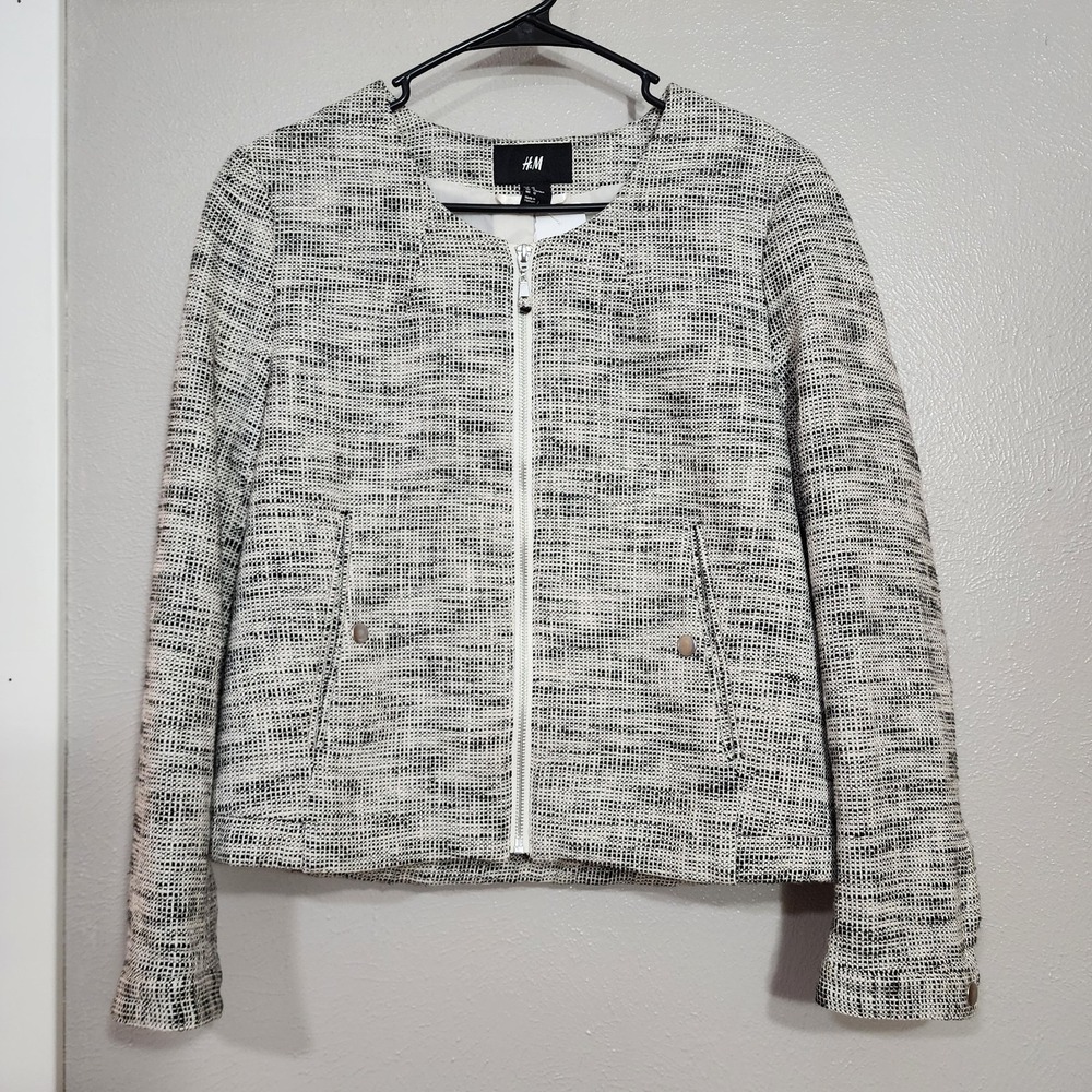 H&M Tweed Blazer Long Sleeve‎ Jacket Womens Size 12 Full Zip Crew Neck Formal